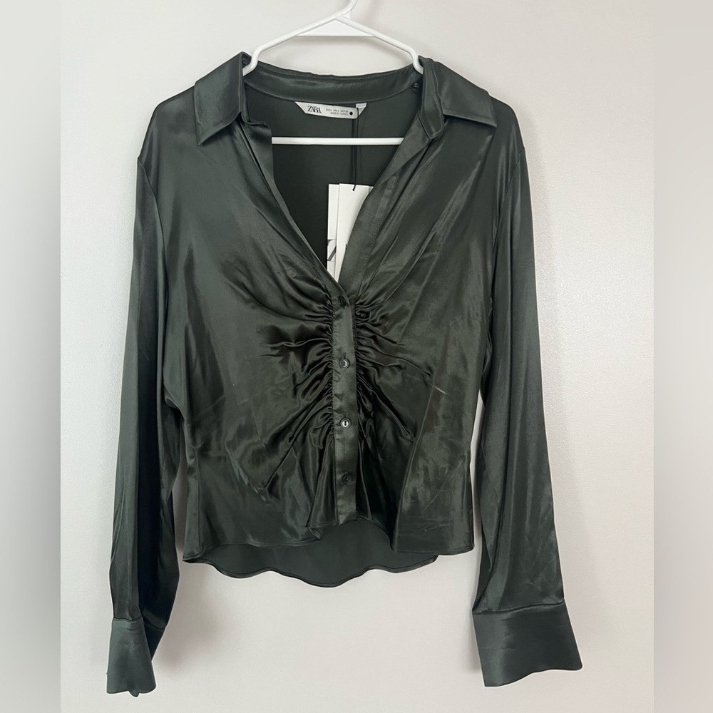 NWT Zara Green Collared Ruched Blouse